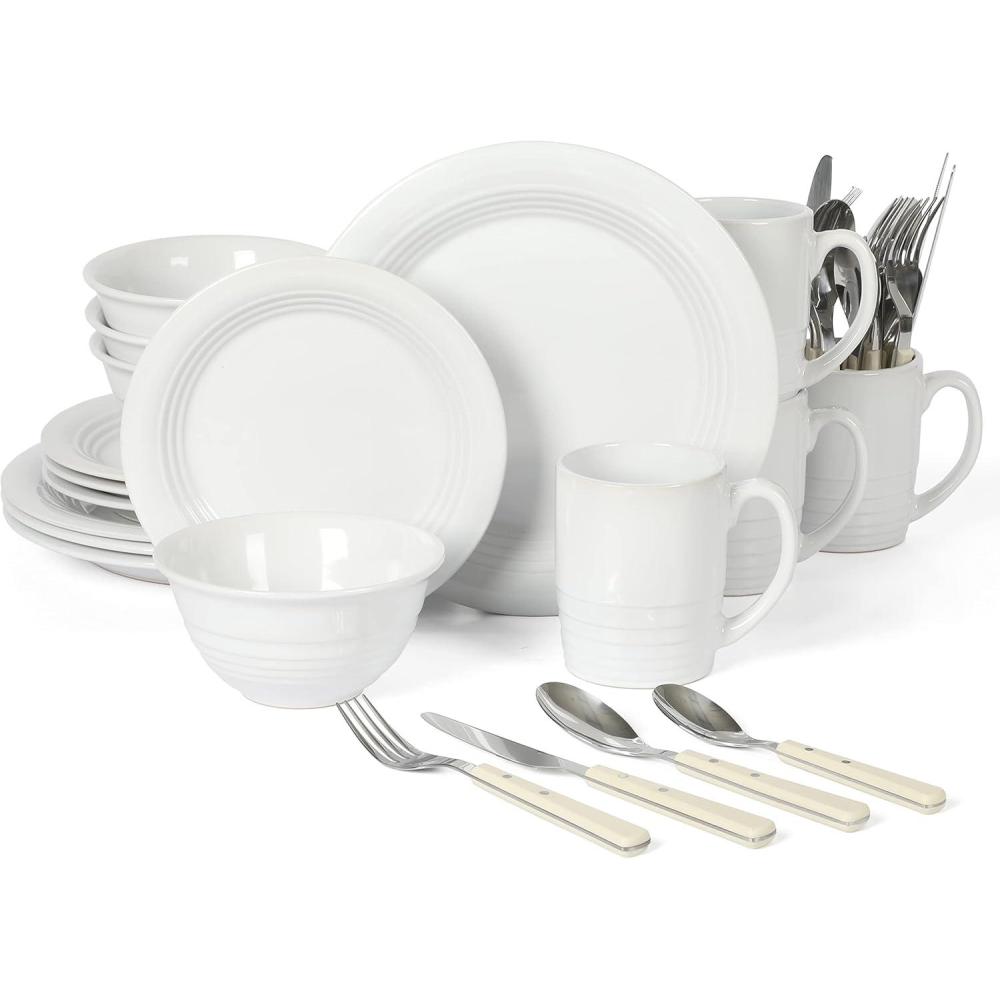 imageMartha Stewart Reedley 32 Piece Stoneware Dinnerware and Flatware Combo Set Linen WhiteLinen White