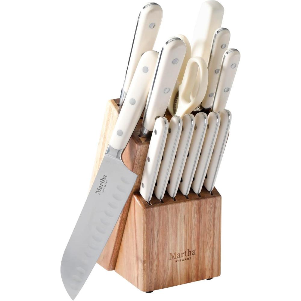 imageMartha Stewart Ruxton 14 Piece High Carbon Stainless Steel Cutlery Knife Block Set wABS Triple Riveted Forged Handle Ashwood Block  LinenLinen Ashwood Block