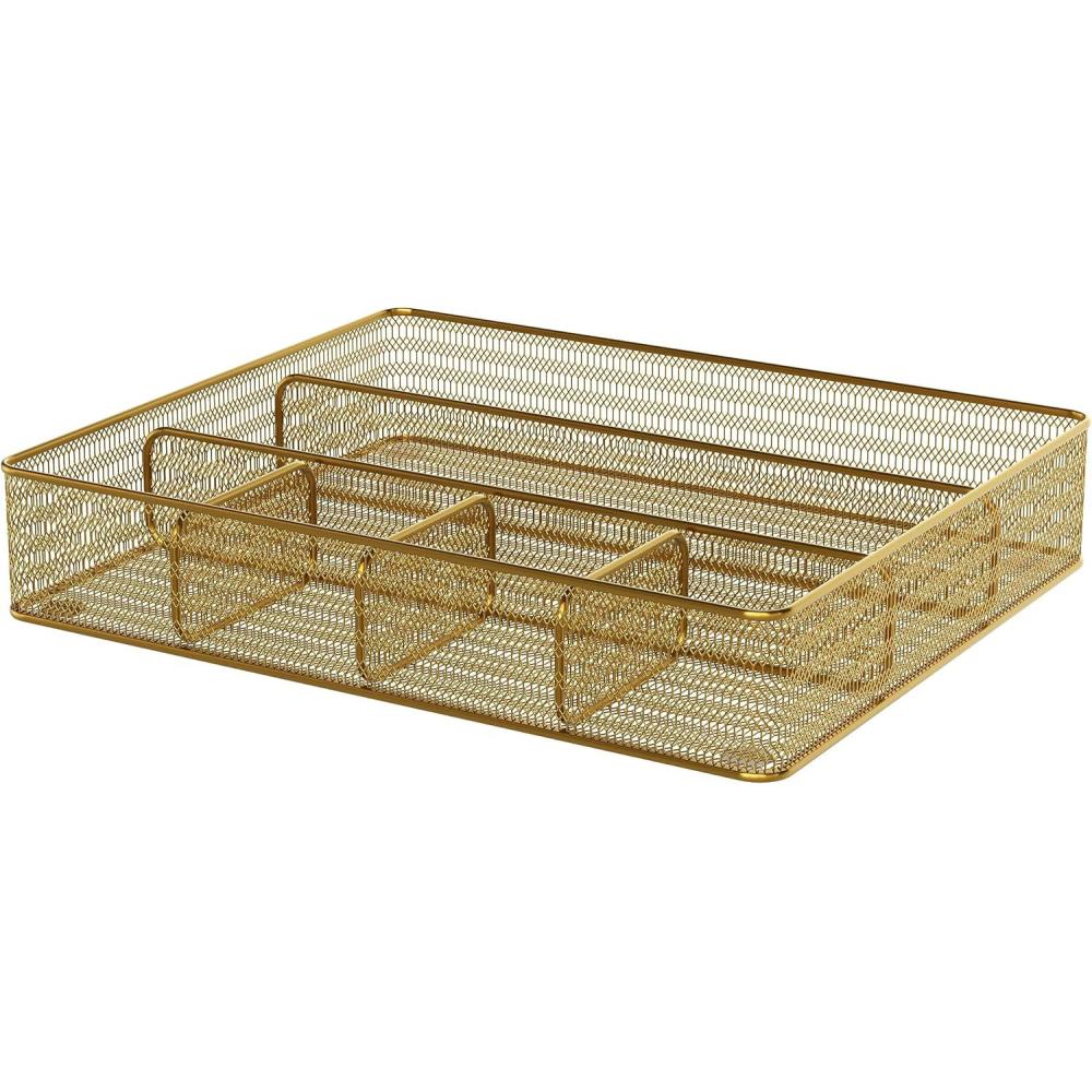 imageMartha Stewart Ryder Gold Mesh Metal 6 Compartment Large Desk Drawer Organizer for Accessories and Office Supplies