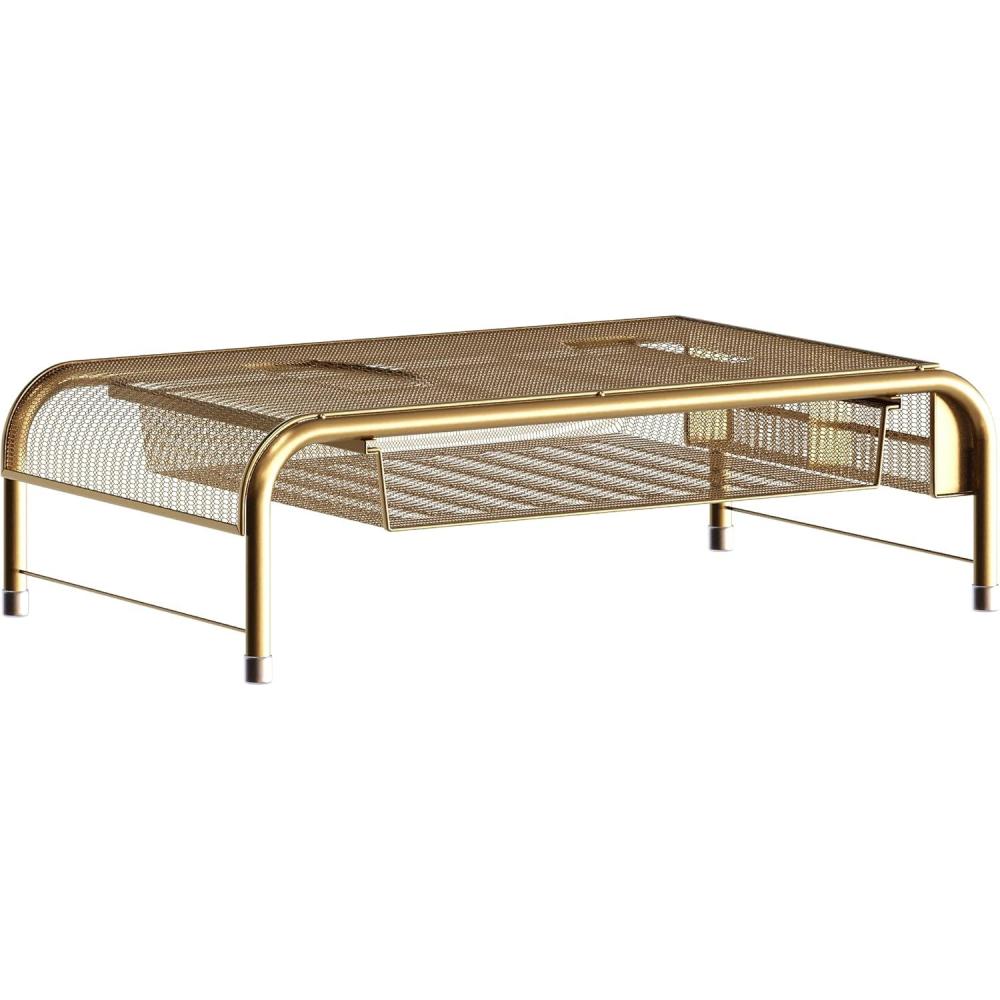 imageMartha Stewart Ryder Gold Mesh Metal Desktop Monitor Stand Riser with Organizer Drawer and Side Storage