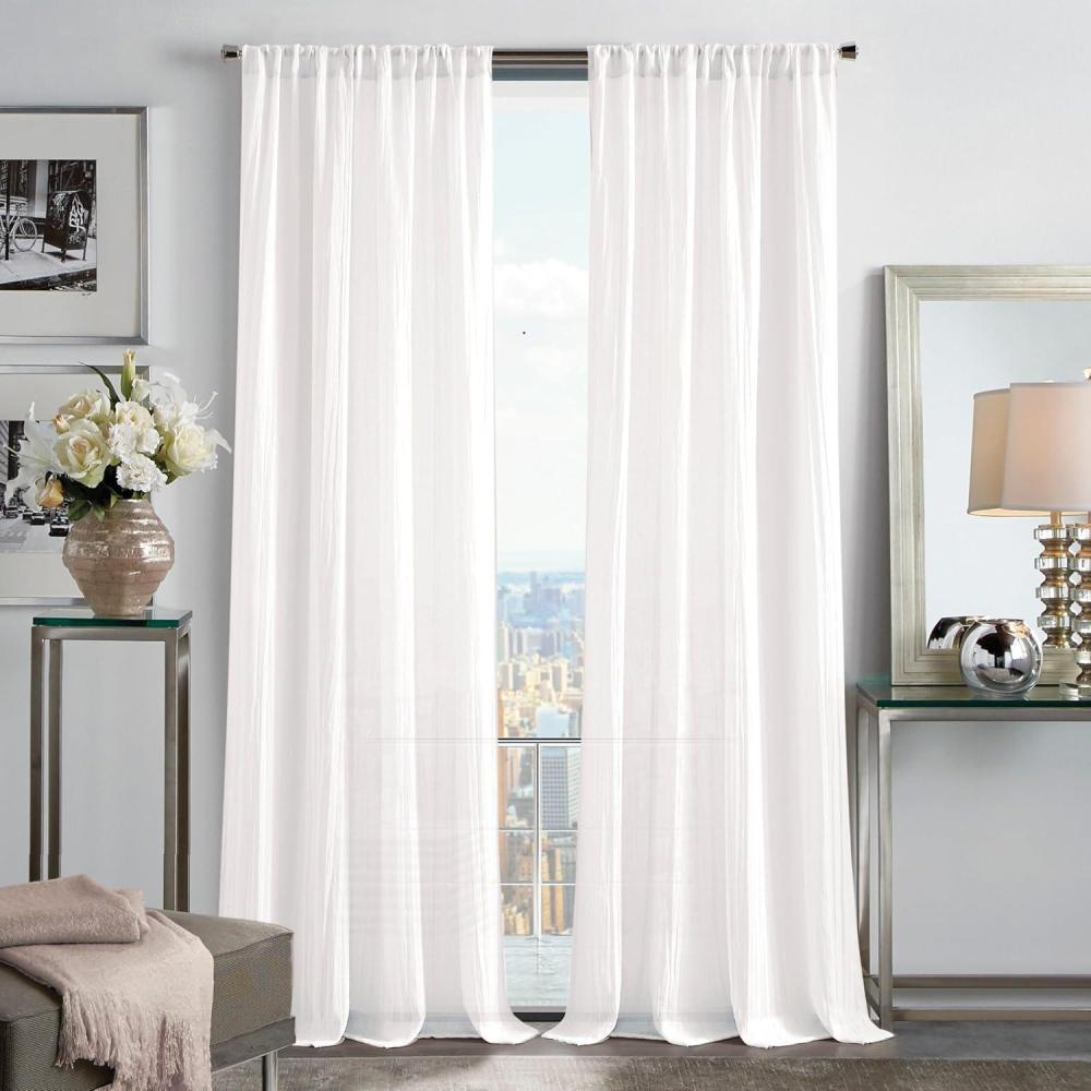 imageMartha Stewart Sheer Curtains Crinkle Textured Rod Pocket Window Curtain Panel Pair 84quot WhiteWhite