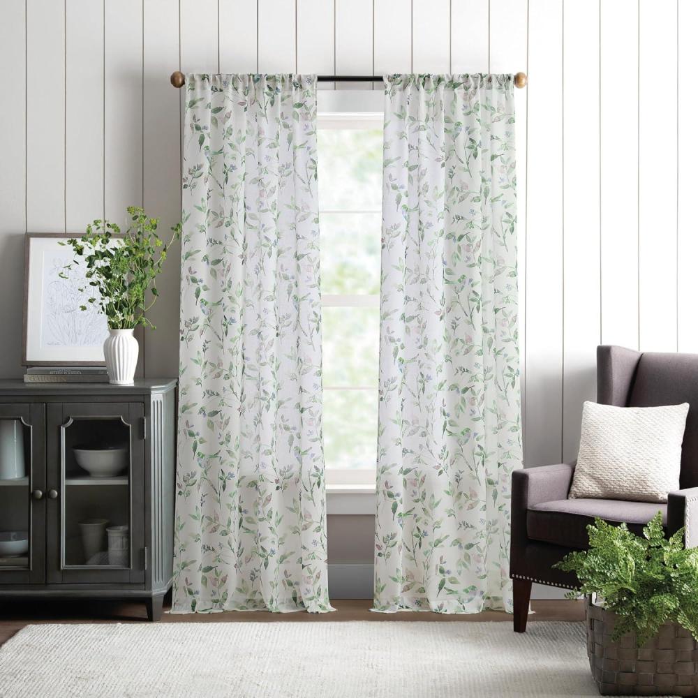 imageMartha Stewart Sheer Curtains Floral Botanical Kensington Flower Garden Rod Pocket Window Curtain Panel Pair 95quot Multi PinkMulti Green