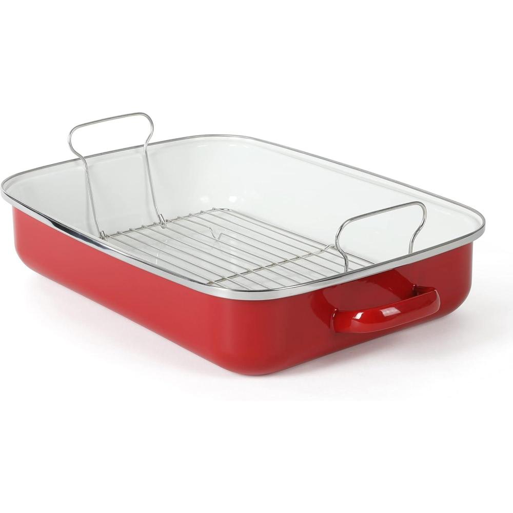 imageMartha Stewart Thayer 16quot Enamel On Steel Roaster Pan wStainless Steel Rack Martha BlueRed