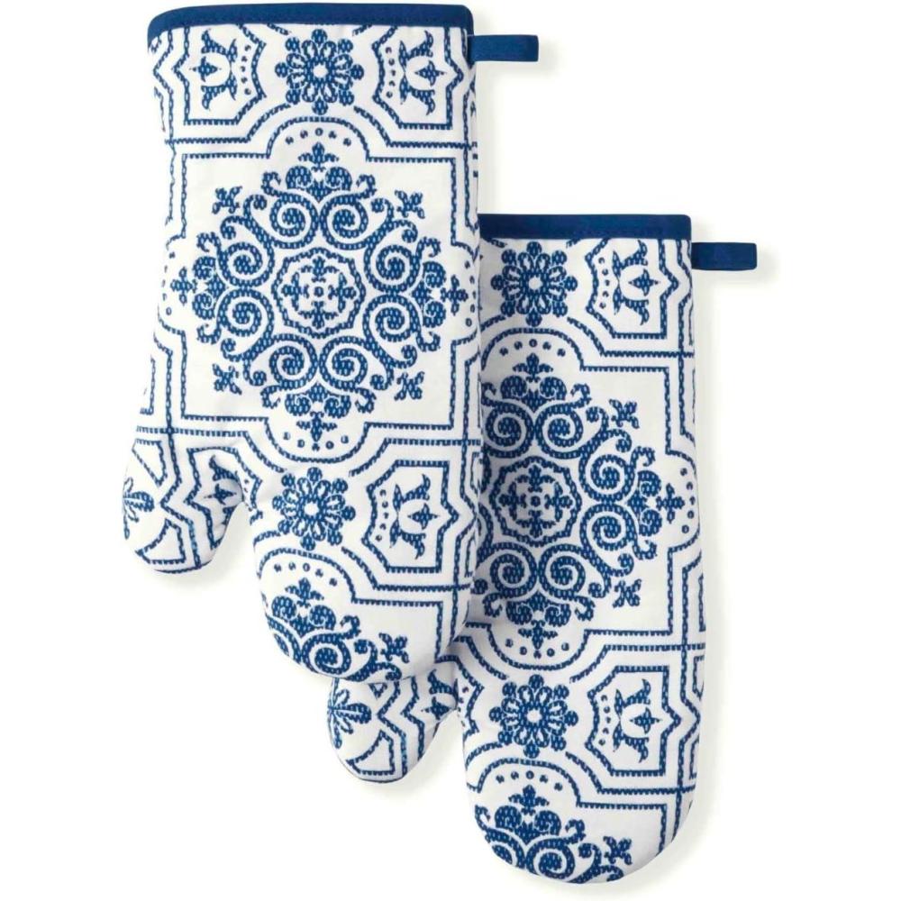 imageMartha Stewart Thin Stripe Oven Mitt 2Pack Set Blue 7quotx13quotStrie Medallion