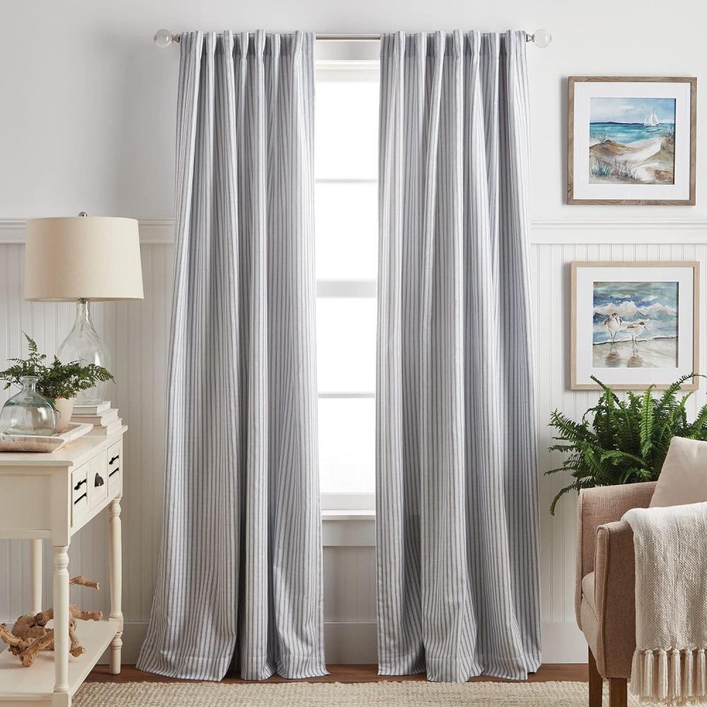 imageMartha Stewart Ticking Stripe Blackout Lining Rod PocketBack Tab Window Curtain Panel Pair 95quot WhiteIndigoWhiteIndigo