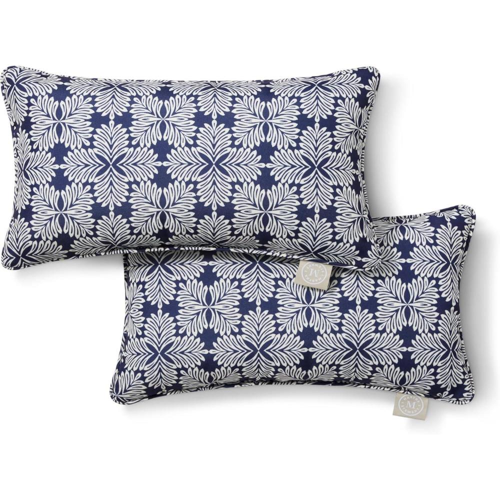 imageMartha Stewart Tulum Indoor Outdoor Decorative Lumbar Pillow 2Pack Set UV Fade Resistant Water Repellent Printed Modern Design Navy Blue 11quotx18quotNavy Blue