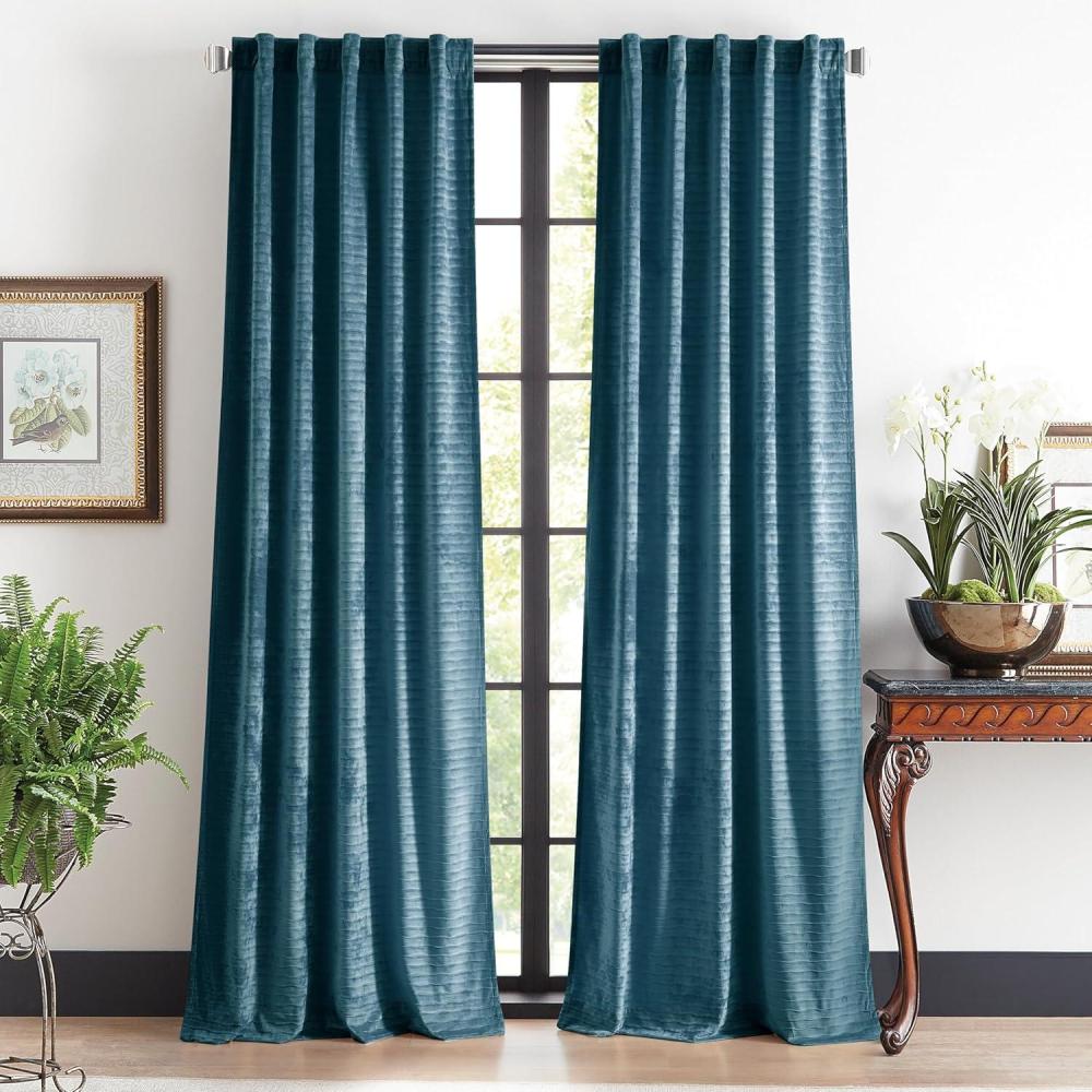 imageMartha Stewart Velvet Curtains Room Darkening Wave Embossed Rod PocketBack Tab Window Curtain Panel Pair 95quot Olive GreenBlue