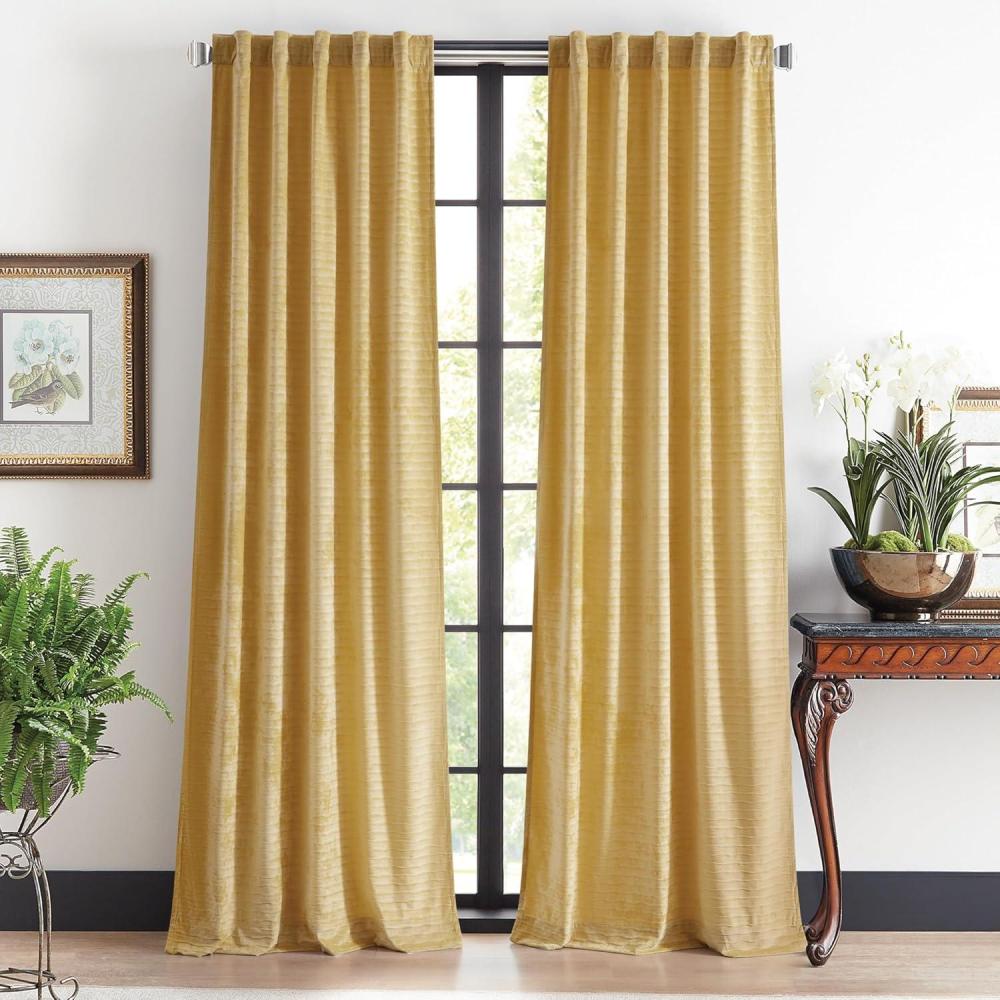 imageMartha Stewart Velvet Curtains Room Darkening Wave Embossed Rod PocketBack Tab Window Curtain Panel Pair 95quot Olive GreenGold