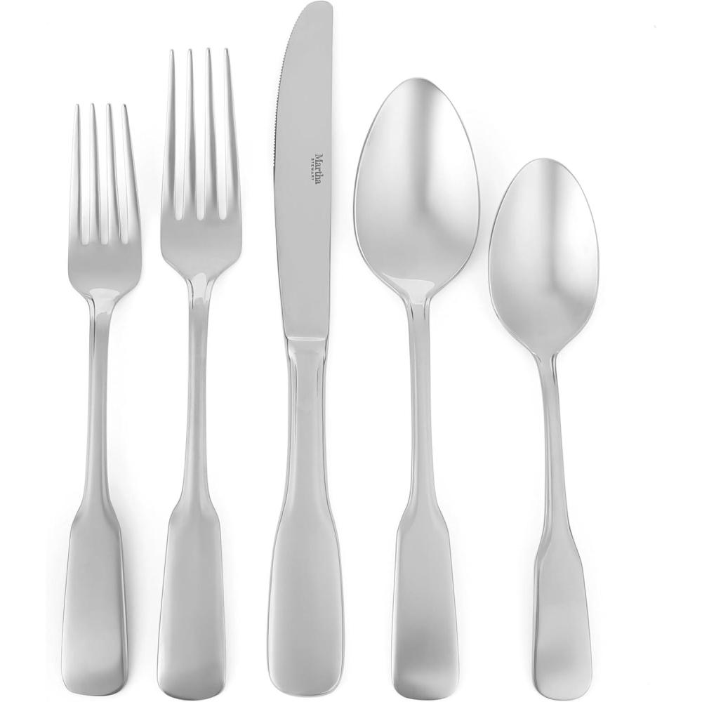 imageMartha Stewart Watercliffe 16 pc Flatware Set Stainless Steel wABS Handle Warm GreyHalsey Mirror Polish