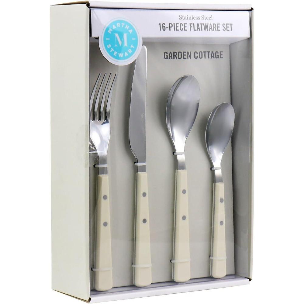 imageMartha Stewart Watercliffe 16 pc Flatware Silverware Set Stainless Steel Utensils Forks Spoons Knives Service for 4 LinenWatercliffe Linen