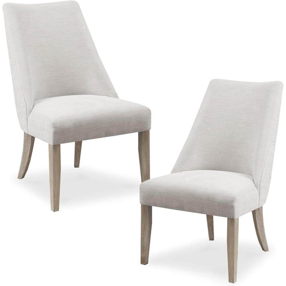 imageMartha Stewart Winfield Upholstered High Back Accent Dining Chairs Set of 2 Padded Seat Solid Wood Legs Chambray Jacquard Textured Fabric Cottage Farmhouse for Kitchen Room Light GreyWinfield Ivory