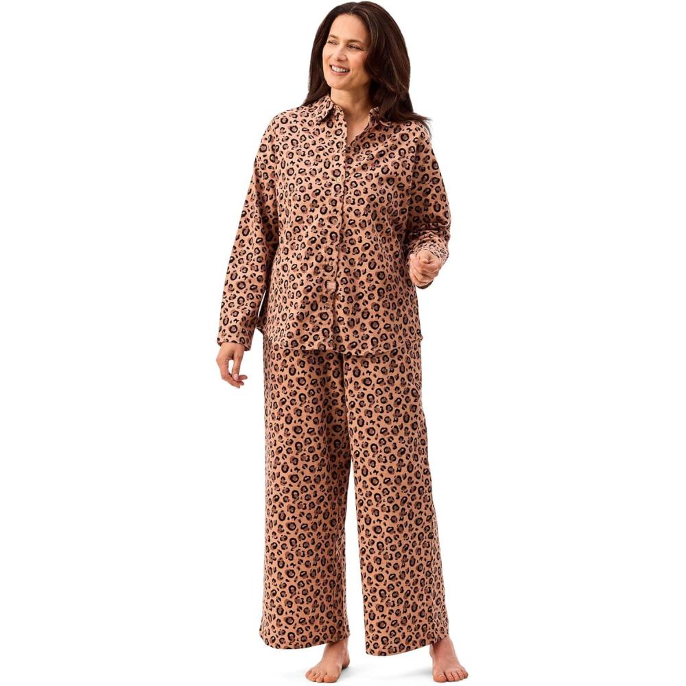 imageMartha Stewart Womens Flannel Pajama Set Classic 2Piece 100 Cotton Sleepwear Long SleeveLeopard