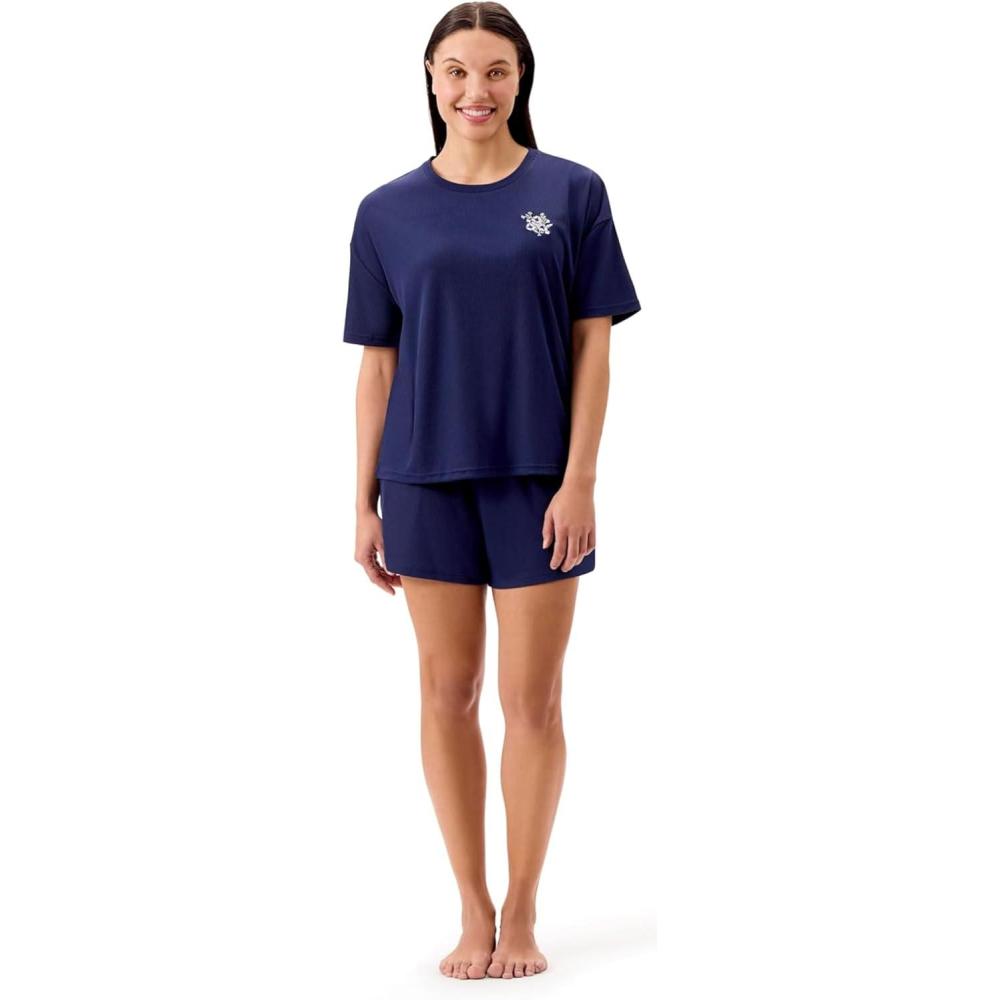 imageMartha Stewart Womens Pajama Shorts Set  Soft Ribbed Jersey Sleepwear  2Pc Short Sleeve Top and Shorts  Light and ComfyMedieval Blue