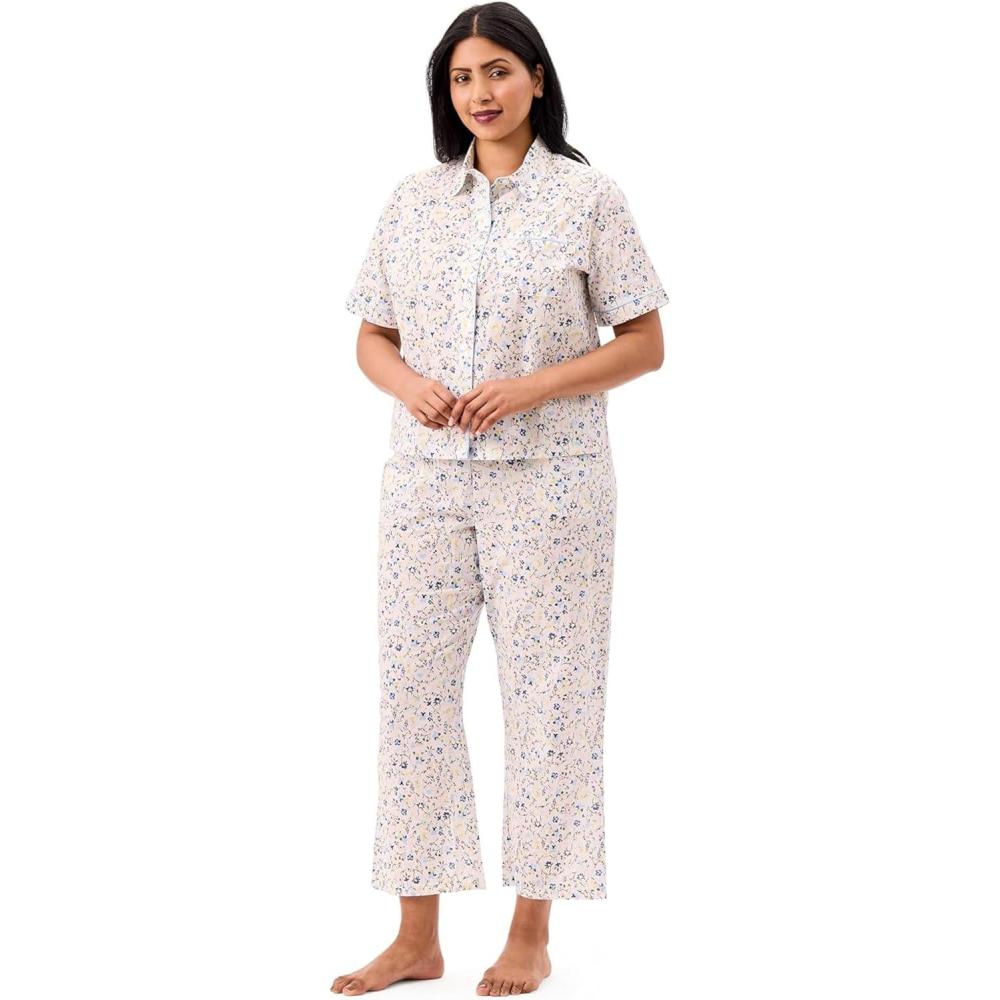 imageMartha Stewart Womens Poplin Pajama Set 2 pc Notch Collar Short Sleeve Top ampamp Pants Soft Cotton Breathable SleepwearBright White