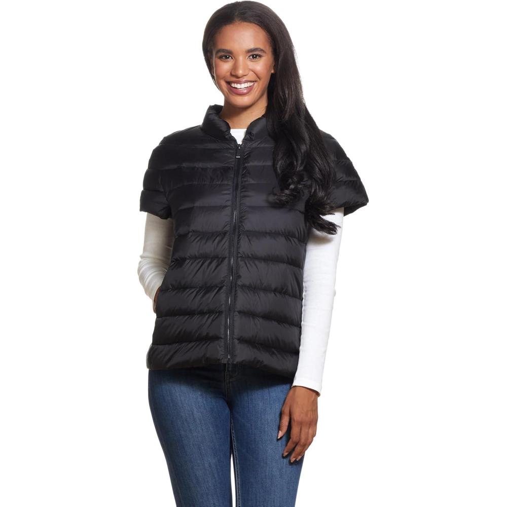 imageMartha Stewart Womens Quilted Down Puffer Vest Lightweight Short Sleeve Packable Jacket with Pockets Warm Winter OuterwearBlack