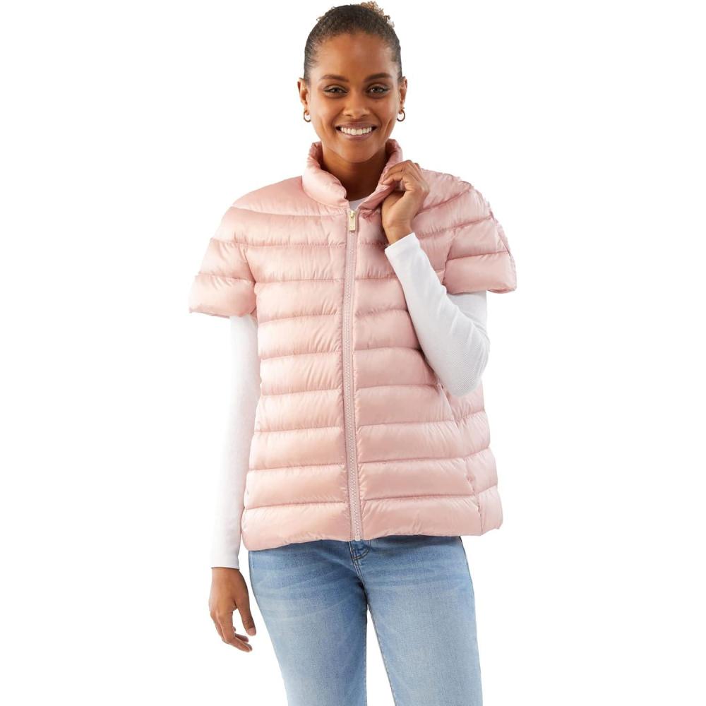 imageMartha Stewart Womens Quilted Down Puffer Vest Lightweight Short Sleeve Packable Jacket with Pockets Warm Winter OuterwearCotton Pink
