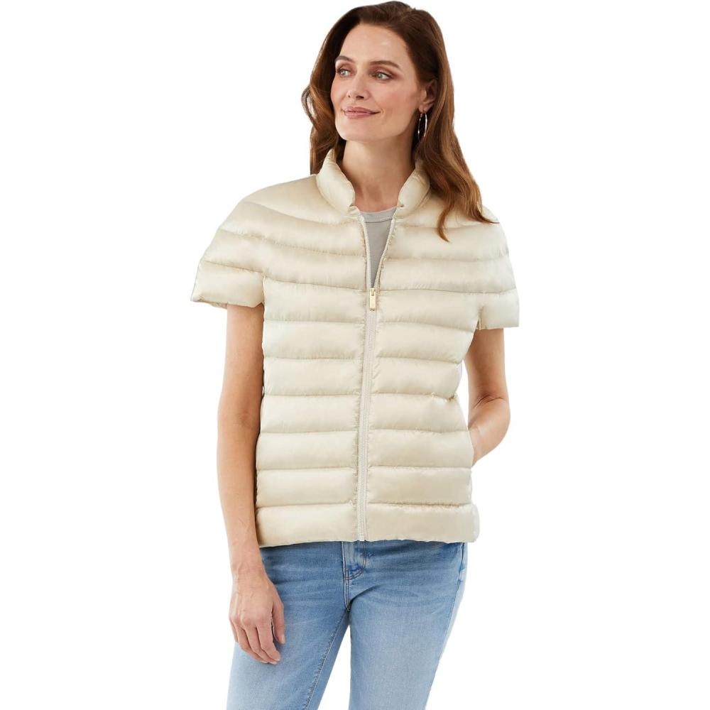 imageMartha Stewart Womens Quilted Down Puffer Vest Lightweight Short Sleeve Packable Jacket with Pockets Warm Winter OuterwearOat