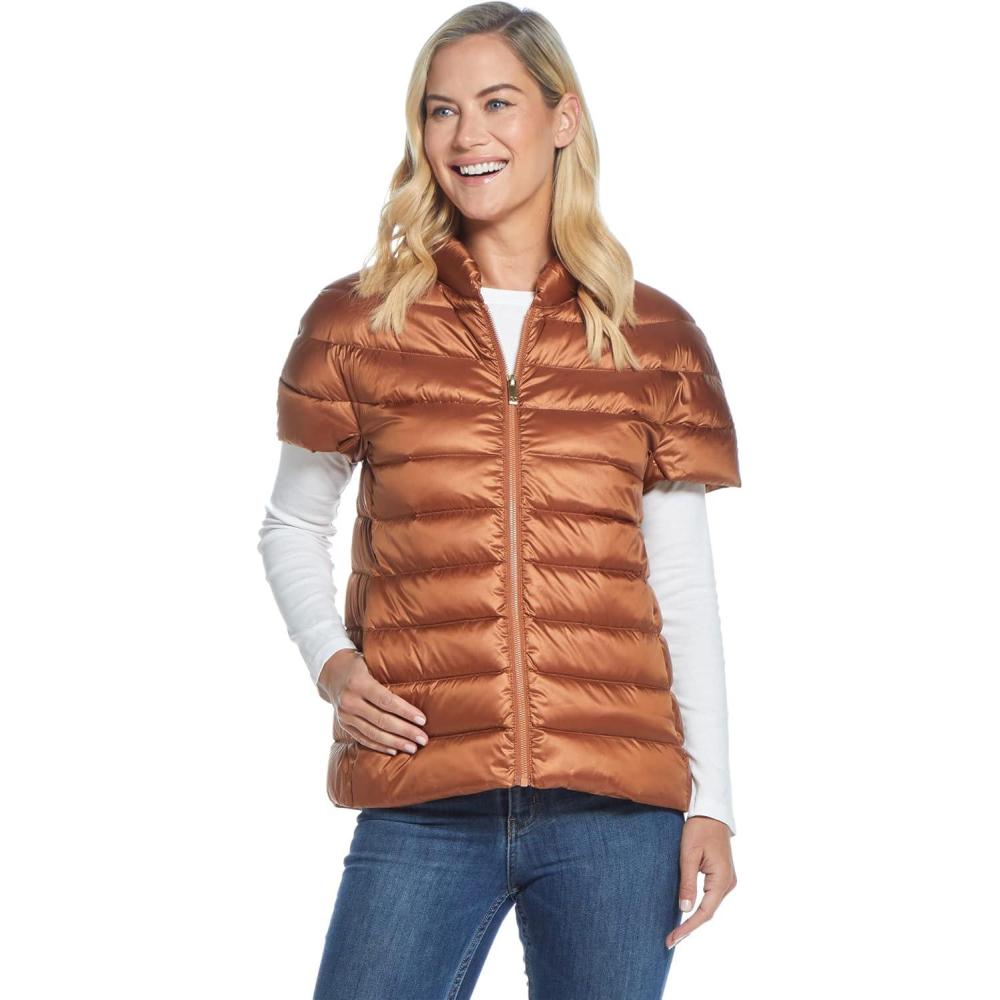 imageMartha Stewart Womens Quilted Down Puffer Vest Lightweight Short Sleeve Packable Jacket with Pockets Warm Winter OuterwearSpice