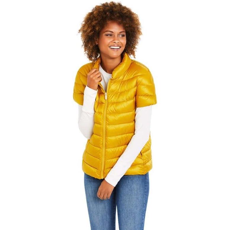 imageMartha Stewart Womens Quilted Down Puffer Vest Lightweight Short Sleeve Packable Jacket with Pockets Warm Winter OuterwearYarrow Gold