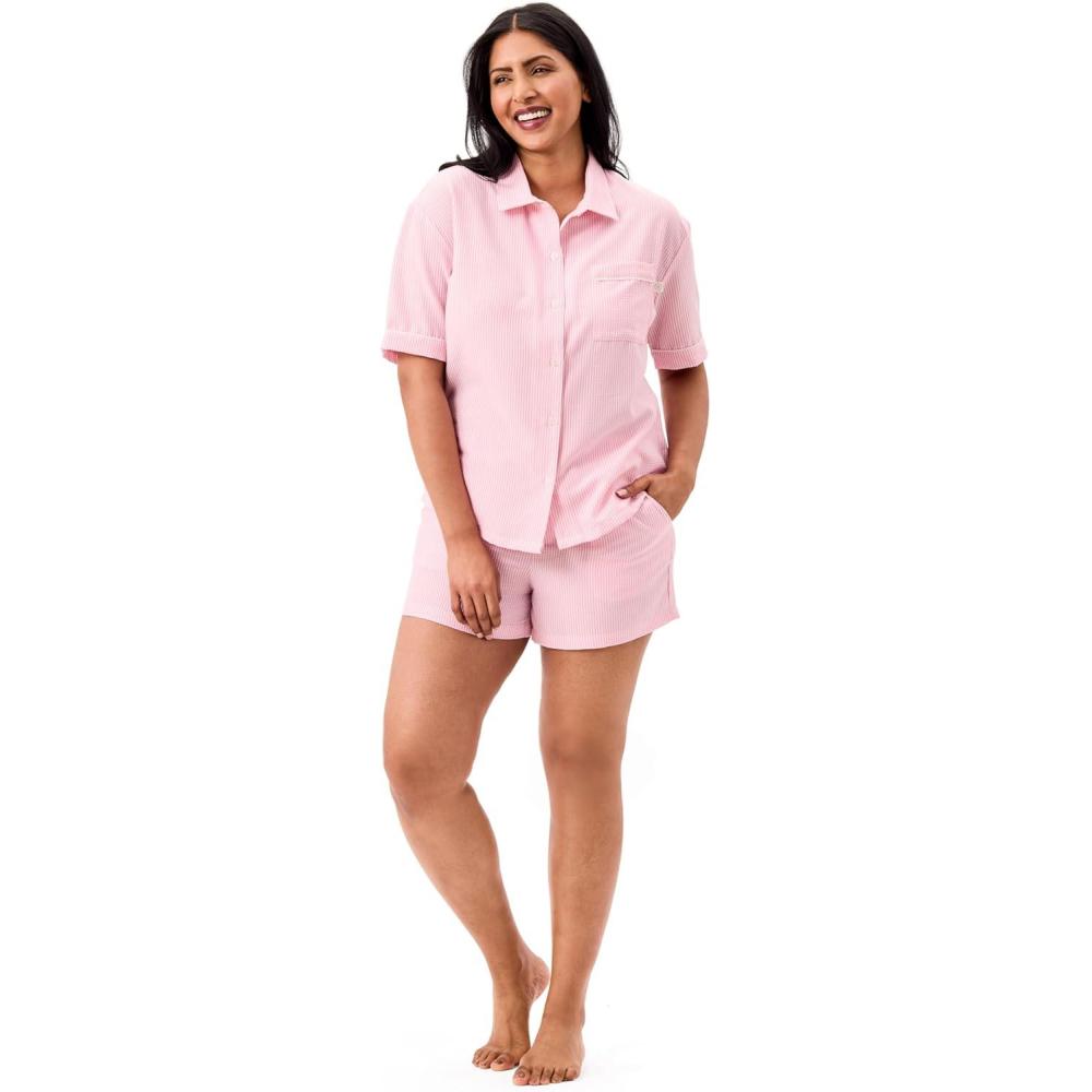 imageMartha Stewart Womens Seersucker Pajama Set Short Sleeve Notch Collar Top ampamp Shorts Sleepwear Fuchsia Pink