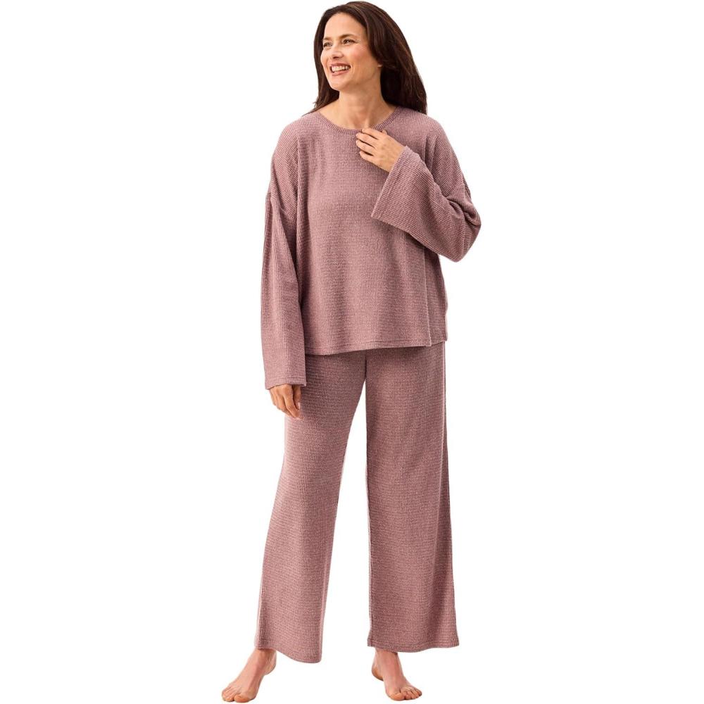 imageMartha Stewart Womens Soft ampamp Cozy Sleepwear 2Piece Waffle Knit Long Sleeve Pajama Lounge Set Relaxed FitPink