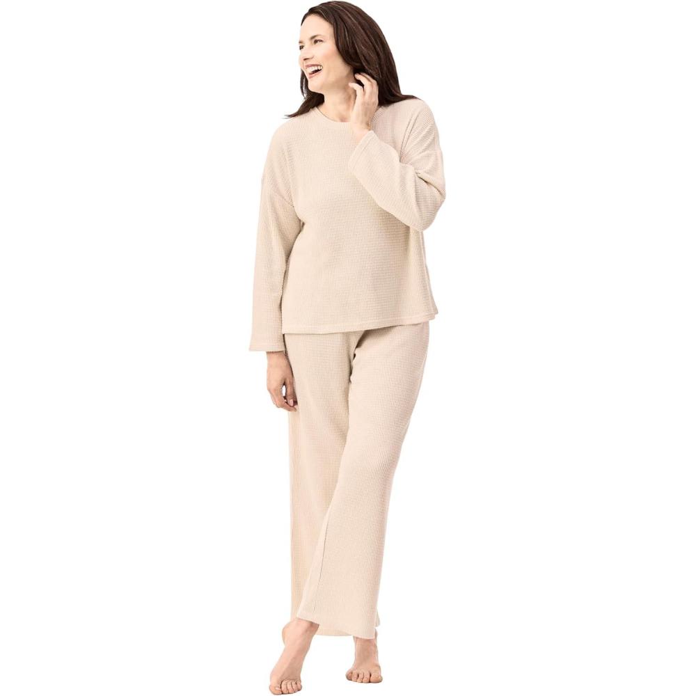 imageMartha Stewart Womens Soft ampamp Cozy Sleepwear 2Piece Waffle Knit Long Sleeve Pajama Lounge Set Relaxed FitTofu Melange