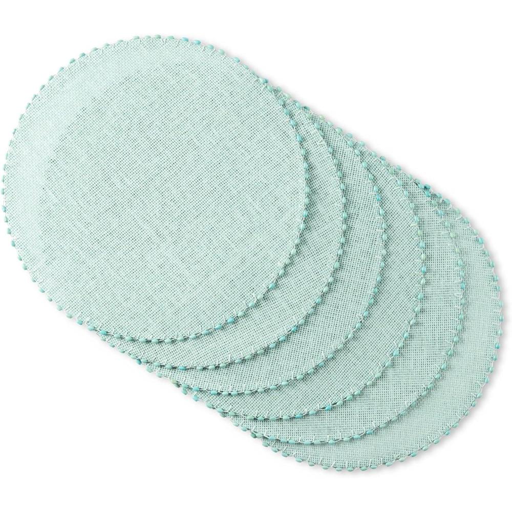 imageMartha Stewart Woven Water Resistant Lindos Placemat Set 6Pack 15quot Round BeigeAqua