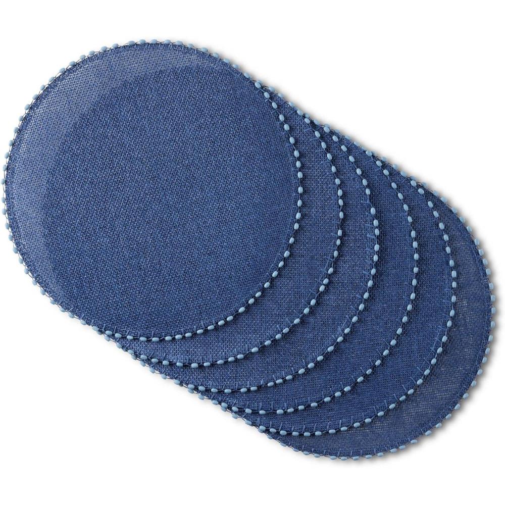 imageMartha Stewart Woven Water Resistant Lindos Placemat Set 6Pack 15quot Round BeigeNavy Blue