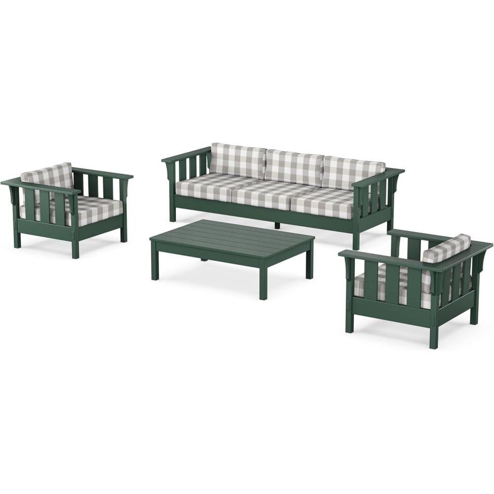 imageMartha Stewart by POLYWOOD Acadia 4Piece Deep Seating Set with Sofa in Green Buffalo Plaid Grey Mist