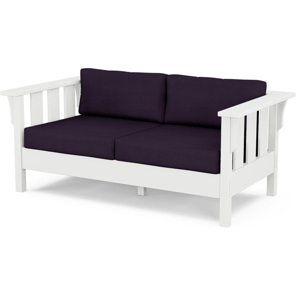 imageMartha Stewart by POLYWOOD Acadia Deep Seating Loveseat in MahoganySpiced BurlapWhite Navy Linen