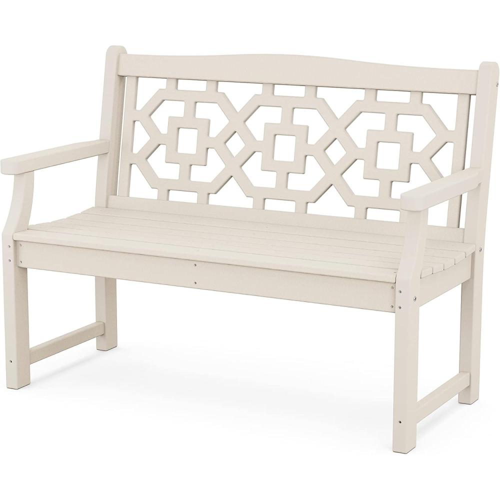 imageMartha Stewart by POLYWOOD Chinoiserie 48quot Outdoor Bench for Patio Porch ampamp Backyard Sand  Durable AllWeather HDPE Garden Seat with Back Support  Classic 2 Person Seating Made in The USASand