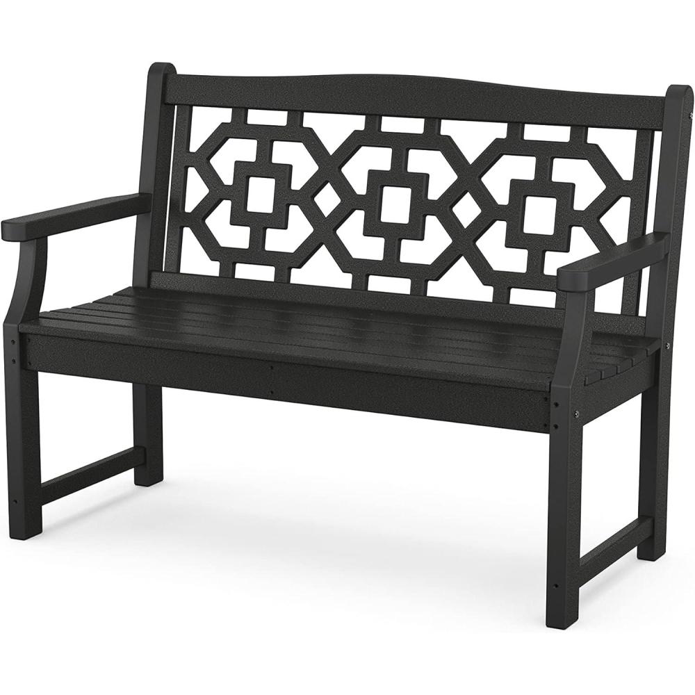 imageMartha Stewart by POLYWOOD Chinoiserie 48quot Outdoor Bench for Patio Porch ampamp Backyard Sand  Durable AllWeather HDPE Garden Seat with Back Support  Classic 2 Person Seating Made in The USABlack