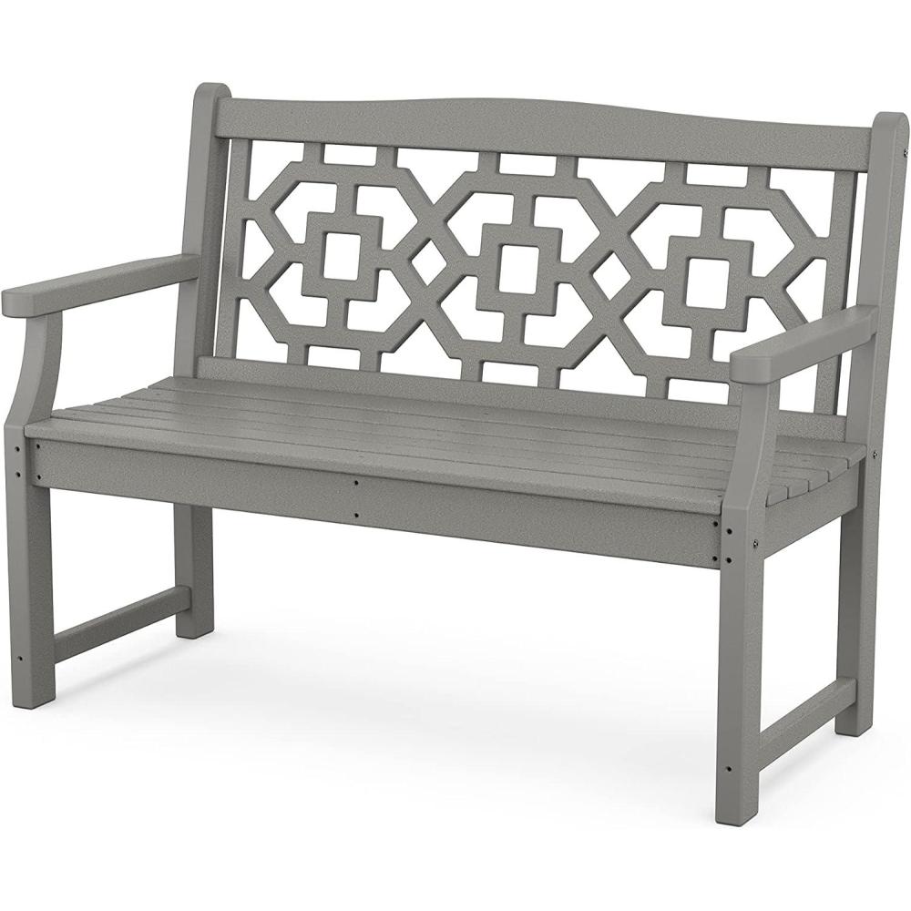 imageMartha Stewart by POLYWOOD Chinoiserie 48quot Outdoor Bench for Patio Porch ampamp Backyard Sand  Durable AllWeather HDPE Garden Seat with Back Support  Classic 2 Person Seating Made in The USASlate Grey