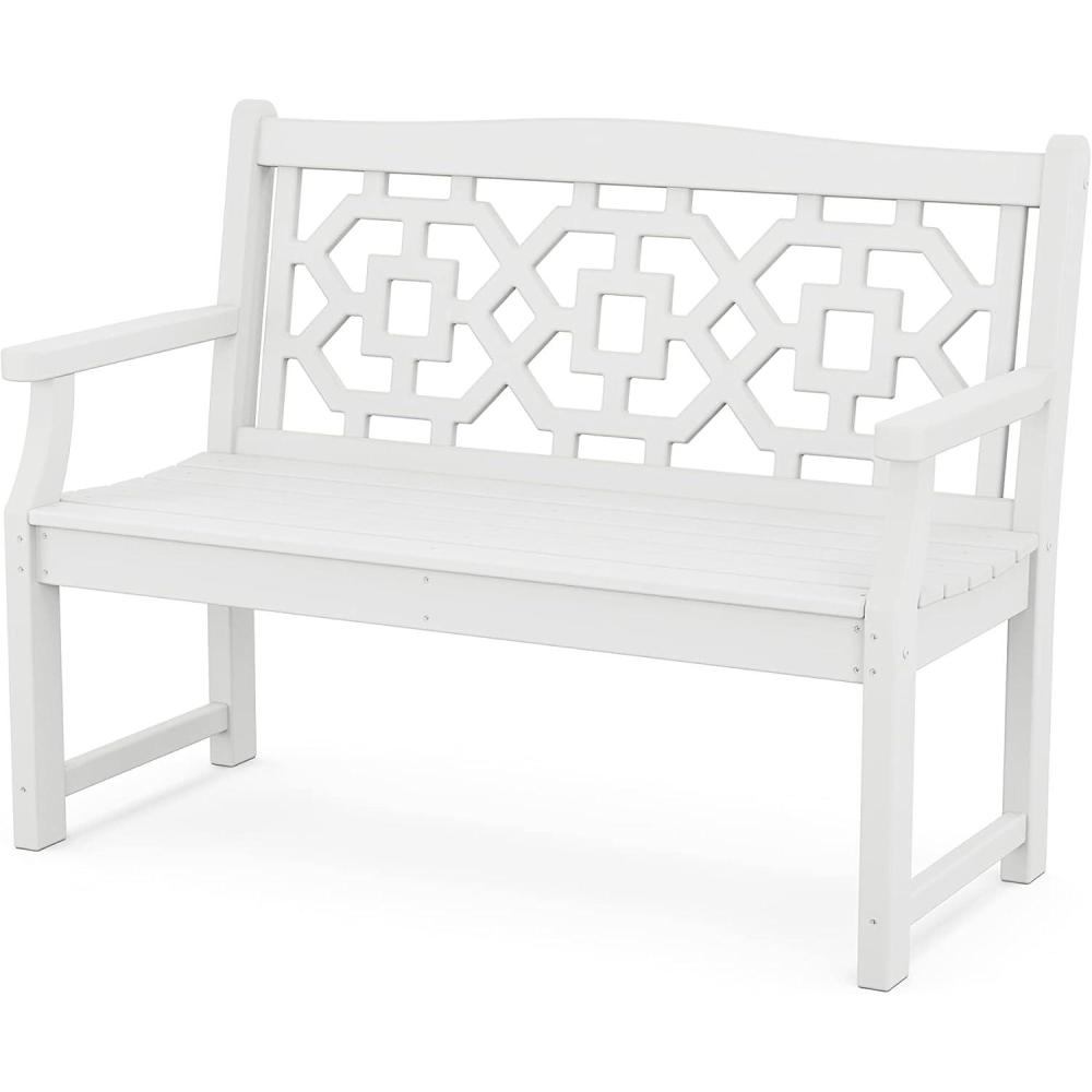 imageMartha Stewart by POLYWOOD Chinoiserie 48quot Outdoor Bench for Patio Porch ampamp Backyard Sand  Durable AllWeather HDPE Garden Seat with Back Support  Classic 2 Person Seating Made in The USAWhite