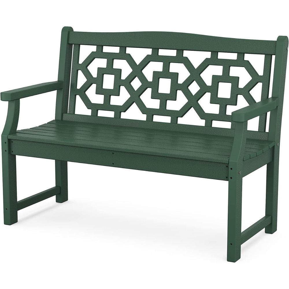 imageMartha Stewart by POLYWOOD Chinoiserie 48quot Outdoor Bench for Patio Porch ampamp Backyard Sand  Durable AllWeather HDPE Garden Seat with Back Support  Classic 2 Person Seating Made in The USAGreen