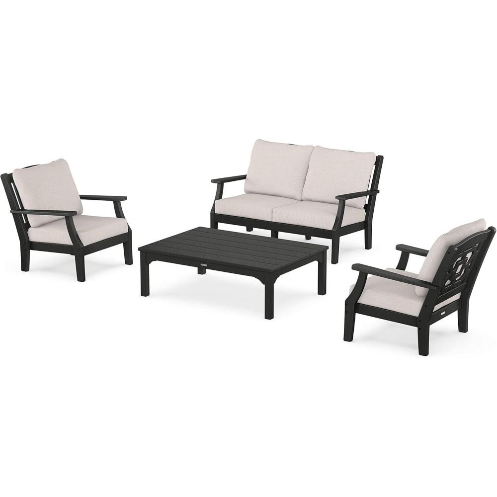 imageMartha Stewart by POLYWOOD Chinoiserie 4Piece Deep Seating Set with Loveseat in SandGlacier SpaBlack  Dune Burlap