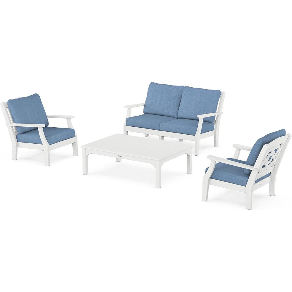 imageMartha Stewart by POLYWOOD Chinoiserie 4Piece Deep Seating Set with Loveseat in SandGlacier SpaWhite  Sky Blue