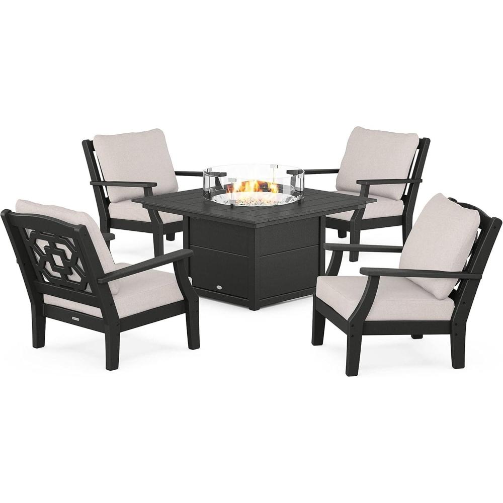 imageMartha Stewart by POLYWOOD Chinoiserie 5Piece Deep Seating Set with Fire Pit Table SandGlacier SpaBlack Dune Burlap