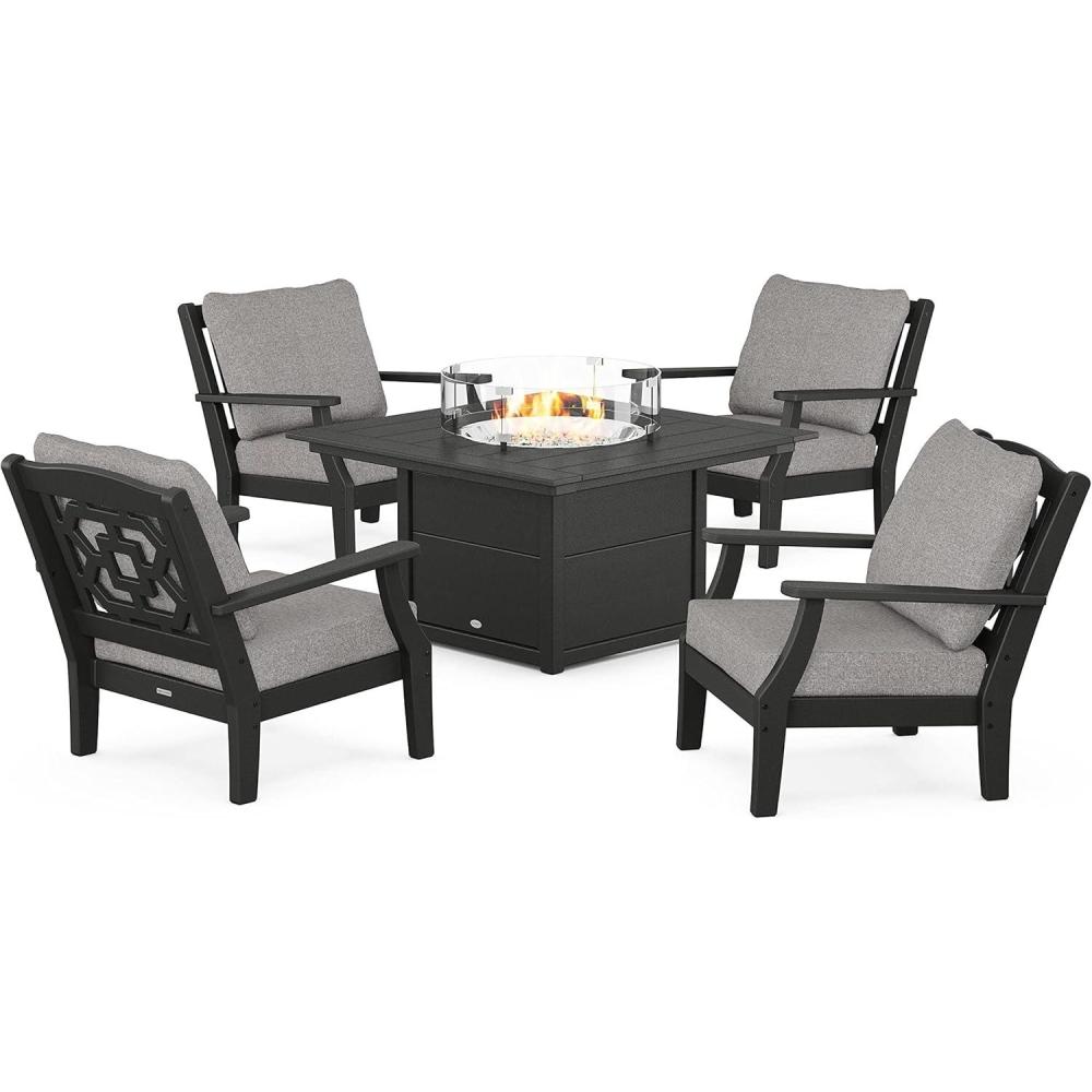 imageMartha Stewart by POLYWOOD Chinoiserie 5Piece Deep Seating Set with Fire Pit Table SandGlacier SpaBlack Grey Mist