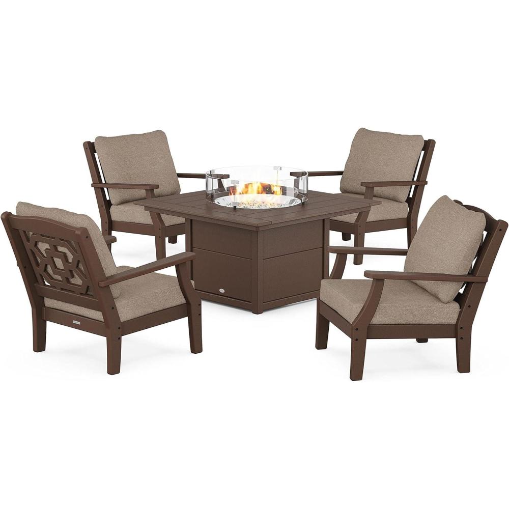 imageMartha Stewart by POLYWOOD Chinoiserie 5Piece Deep Seating Set with Fire Pit Table SandGlacier SpaMahogany  Spiced Burlap