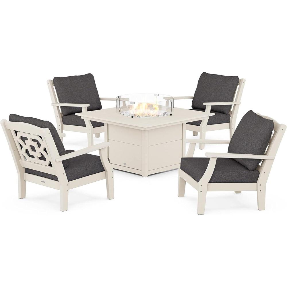 imageMartha Stewart by POLYWOOD Chinoiserie 5Piece Deep Seating Set with Fire Pit Table SandGlacier SpaSand Ash Charcoal