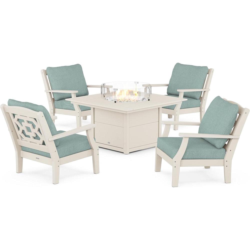imageMartha Stewart by POLYWOOD Chinoiserie 5Piece Deep Seating Set with Fire Pit Table SandGlacier SpaSand Glacier Spa