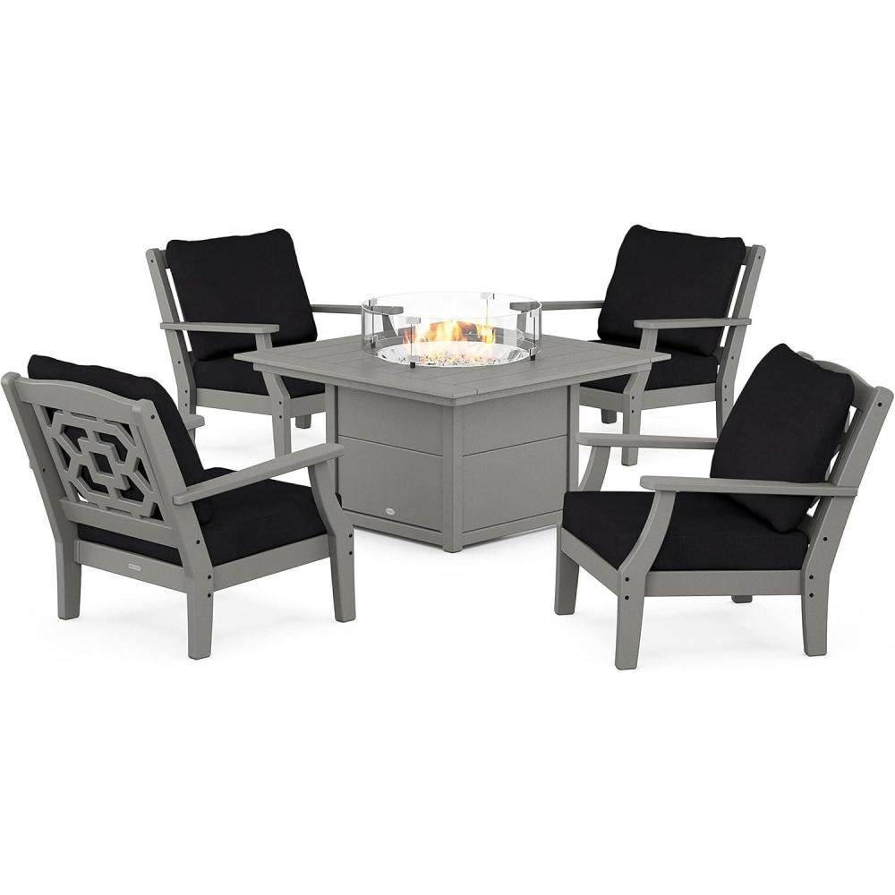 imageMartha Stewart by POLYWOOD Chinoiserie 5Piece Deep Seating Set with Fire Pit Table SandGlacier SpaSlate Grey Midnight Linen