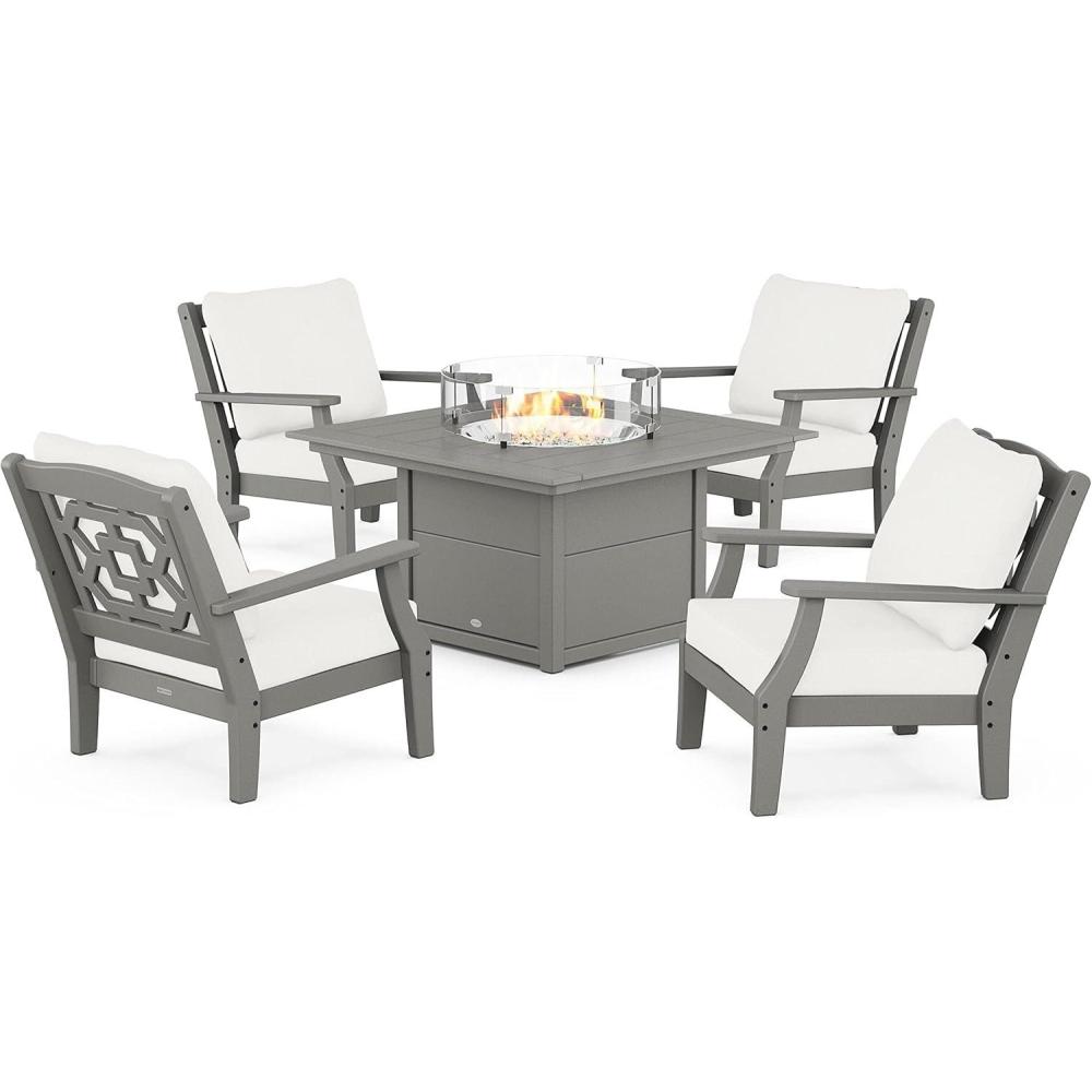 imageMartha Stewart by POLYWOOD Chinoiserie 5Piece Deep Seating Set with Fire Pit Table SandGlacier SpaSlate Grey Natural Linen