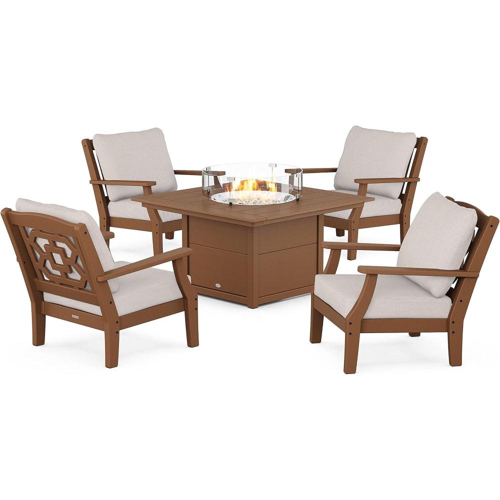 imageMartha Stewart by POLYWOOD Chinoiserie 5Piece Deep Seating Set with Fire Pit Table SandGlacier SpaTeak Dune Burlap