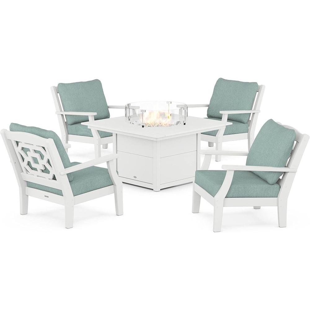 imageMartha Stewart by POLYWOOD Chinoiserie 5Piece Deep Seating Set with Fire Pit Table SandGlacier SpaWhite Glacier Spa