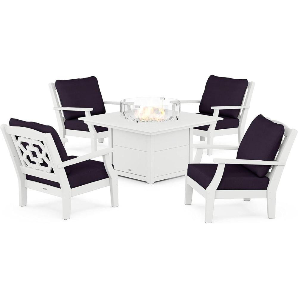 imageMartha Stewart by POLYWOOD Chinoiserie 5Piece Deep Seating Set with Fire Pit Table SandGlacier SpaWhite Navy Linen