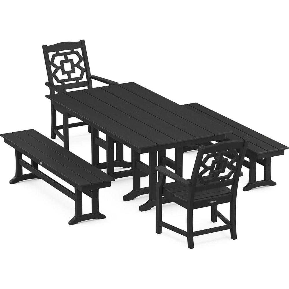 imageMartha Stewart by POLYWOOD Chinoiserie 5Piece Farmhouse Dining Set with Benches in SandBlack