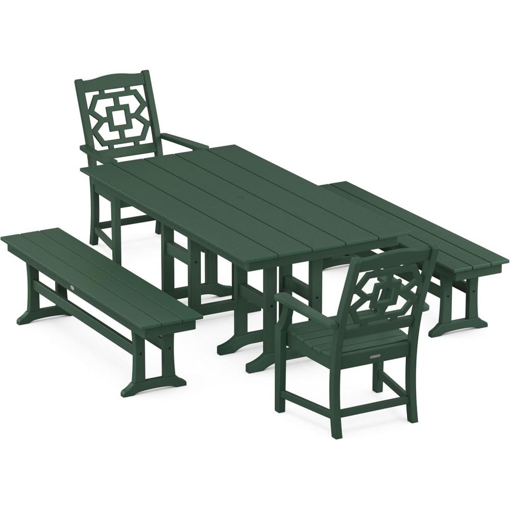imageMartha Stewart by POLYWOOD Chinoiserie 5Piece Farmhouse Dining Set with Benches in SandGreen