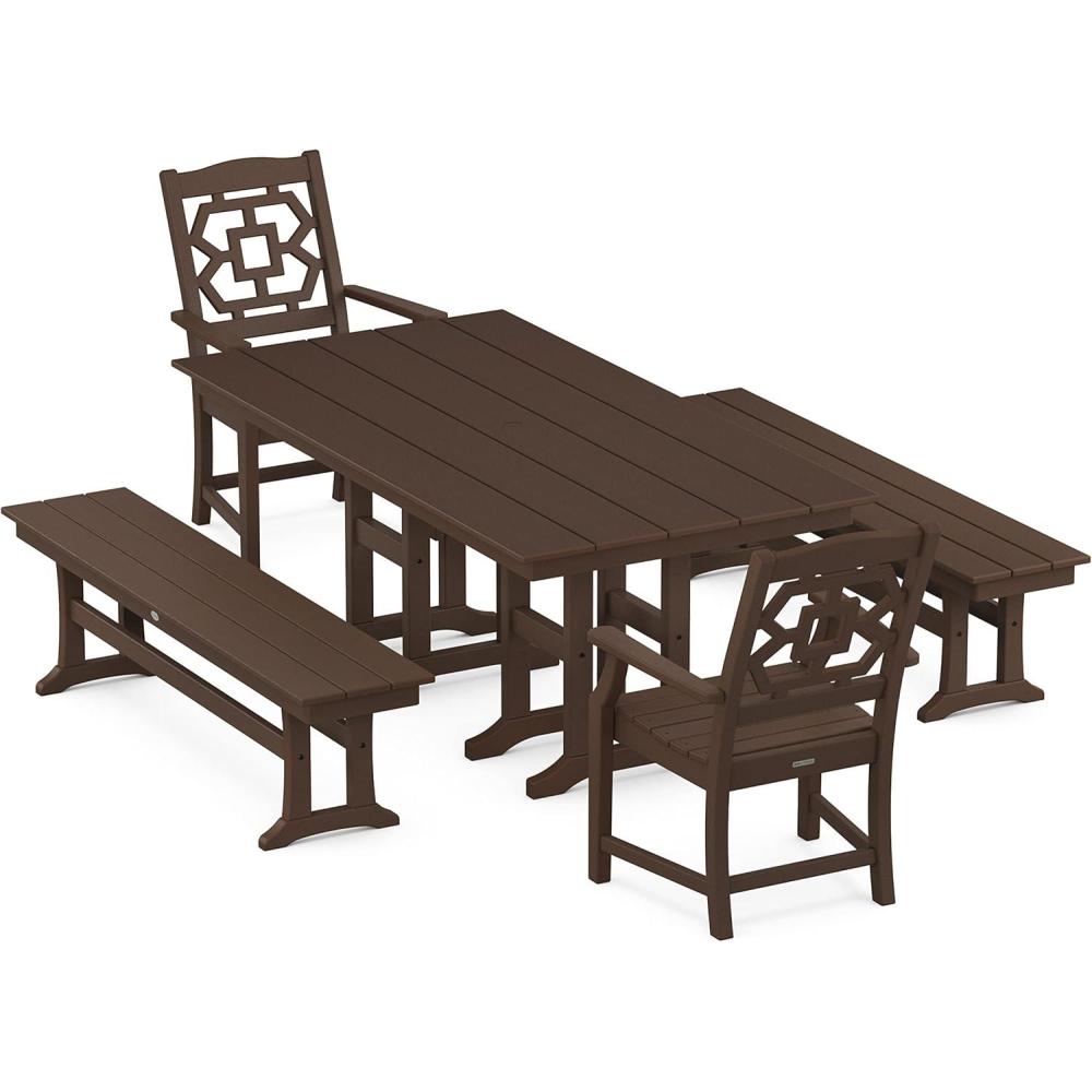imageMartha Stewart by POLYWOOD Chinoiserie 5Piece Farmhouse Dining Set with Benches in SandMahogany